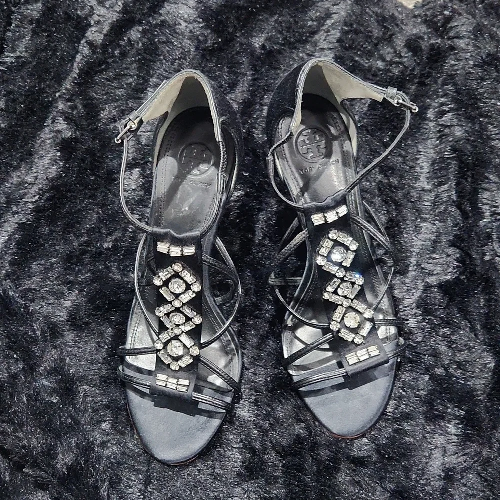 Tory Burch Black Satin and Crystal's with Leather sole Size 38.5 - Picture 5 of 11